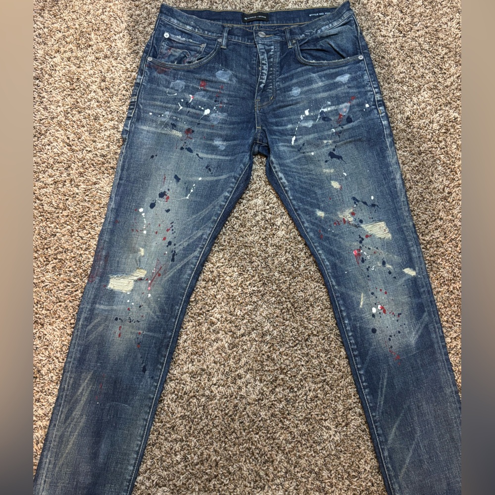 Mens Purple Brand Distressed Paint-Splatter Skinny Jeans